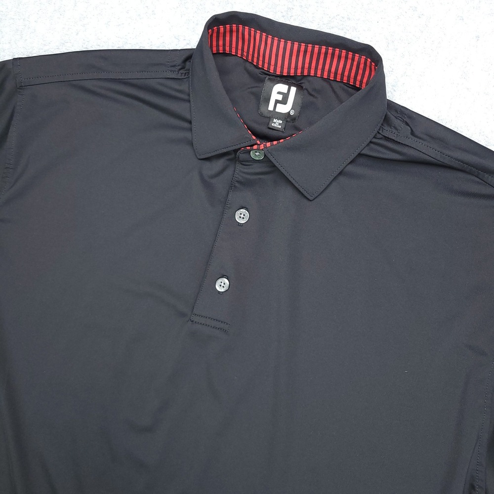 FJ FootJoy Men's XL Golf‎ Polo Shirt Black Red Stripe Collar Logo